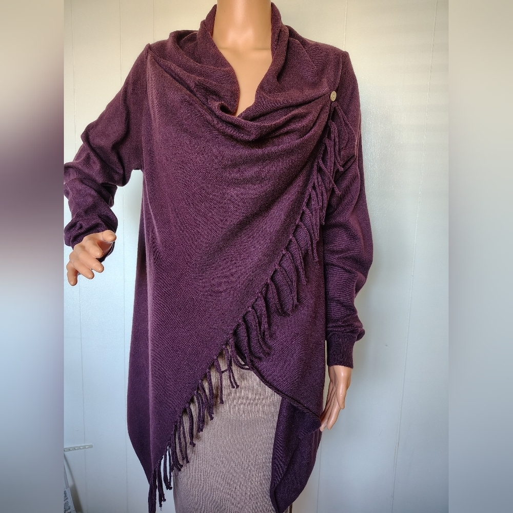 She + Sky Plum Open-Front Fringe Draped Cardigan. Size L - Picture 2 of 9
